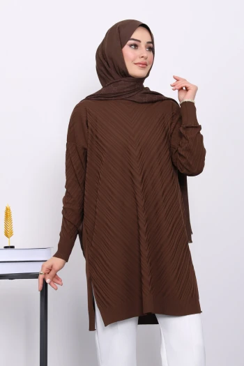 Kahverengi Soğuk İplik Merserize Triko Tunik