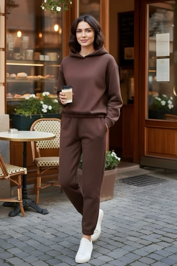 Kahverengi Üç İplik İçi Şardonlu Kompak Eşofman Takım