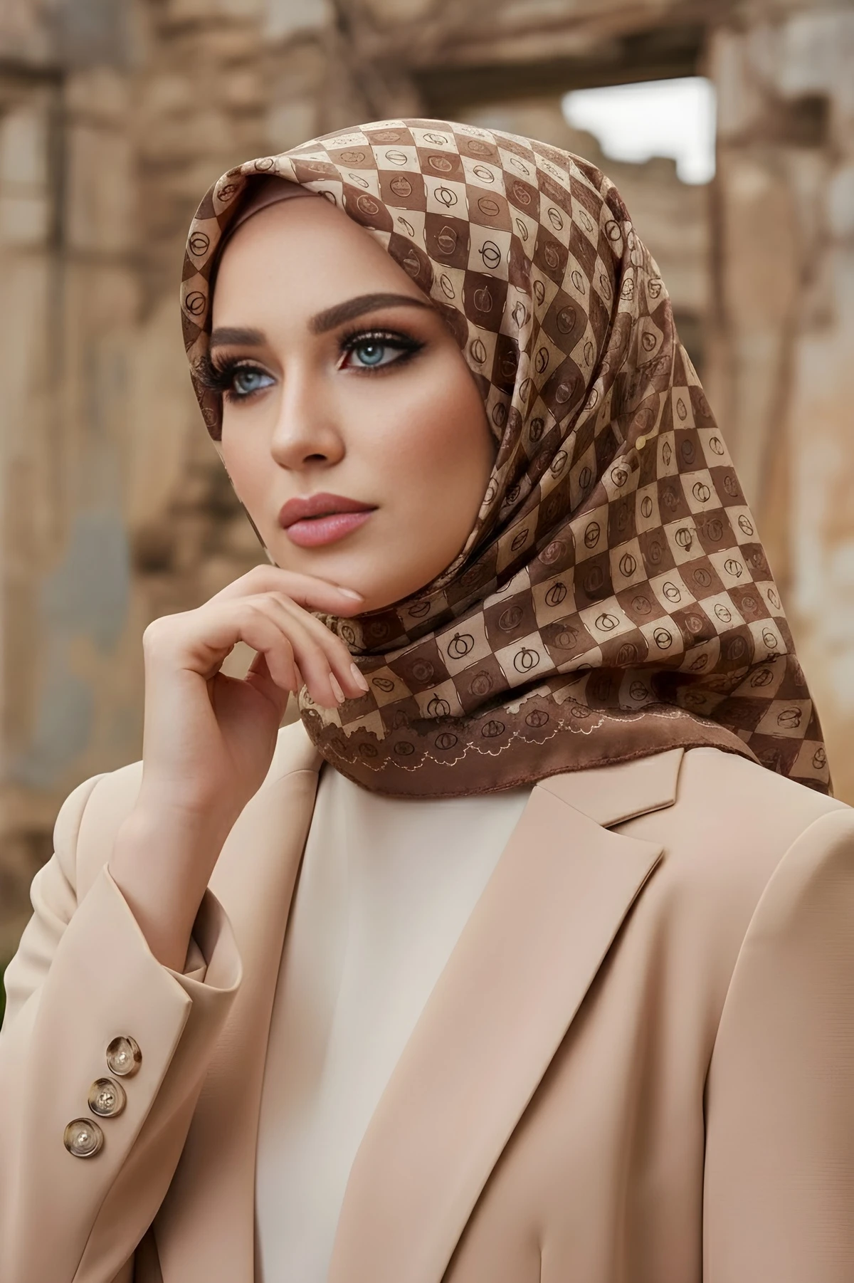 Kahve/Vizon İpekhan Soft Dijital Pamuklu Eşarp