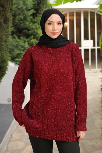Kırmızı Bisiklet Yaka Simli Triko Kazak