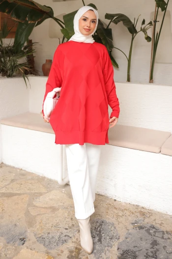 Kırmızı Bisiklet Yaka Soğuk İplik Triko Tunik