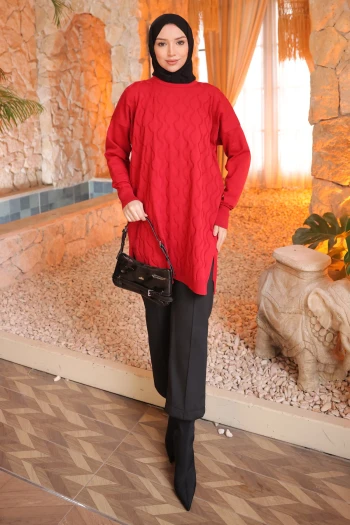 Kırmızı Soğuk İplik Merserize Triko Tunik
