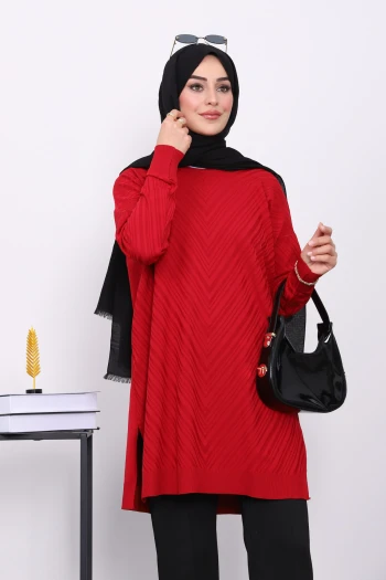 Kırmızı Soğuk İplik Merserize Triko Tunik