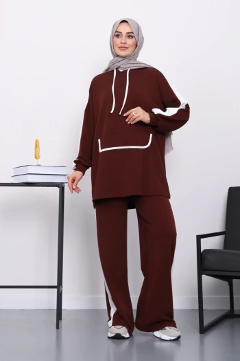 Koyu Bordo Kapüşonlu Renk Bloklu Tunik Pantolonlu Takım