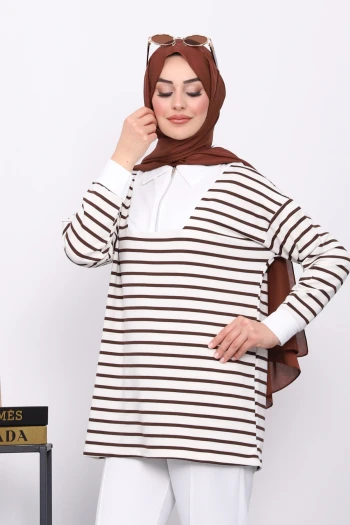 Koyu Kahve Yaka Fermuarlı Çizgili İki İplik Sweatshirt