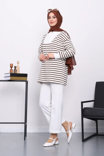 Koyu Kahve Yaka Fermuarlı Çizgili İki İplik Sweatshirt