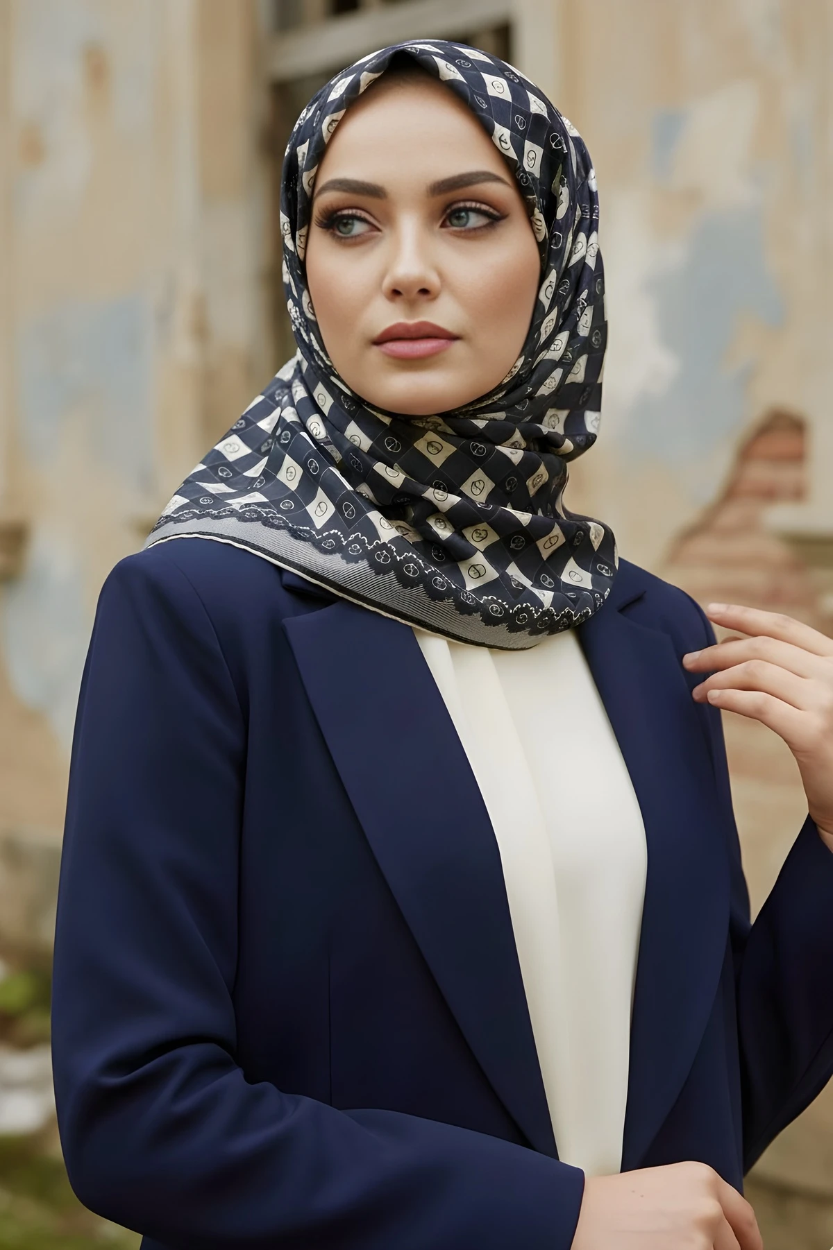 Koyu Lacivert İpekhan Soft Dijital Pamuklu Eşarp