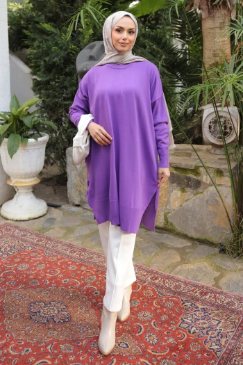 Koyu Lila Salaş Kalıp Uzun Boy Triko Tunik