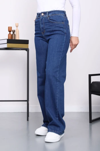 Koyu Mavi Yüksek Bel Palazzo Kot Pantolon