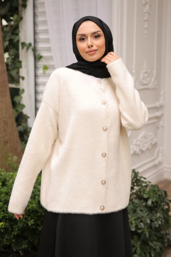 Krem Bisiklet Yaka Angora Yumoş Hırka