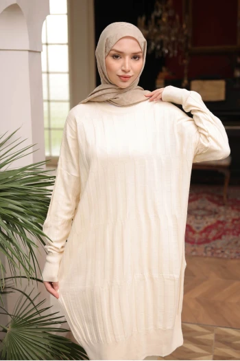 Krem Bisiklet Yaka Merserize Salaş Triko Tunik