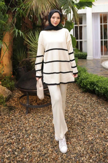 Krem Çizgili Triko Tunik Pantolon İkili Takım