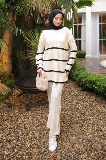 Krem Çizgili Triko Tunik Pantolon İkili Takım