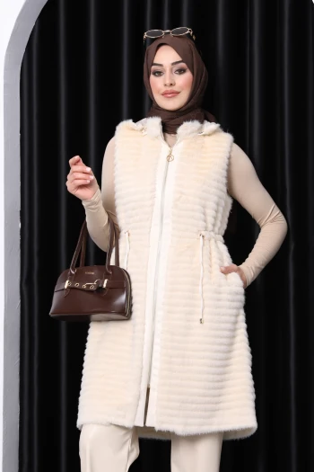 Krem Deri Garnili Angora Yumoş Yelek