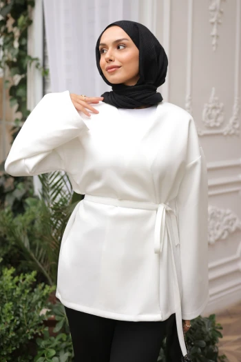 Krem Kuşaklı Scuba Kimono