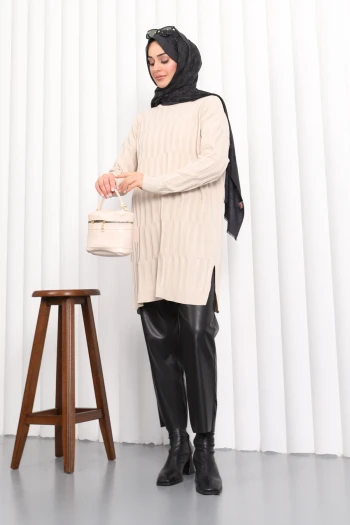 Krem Soğuk İplik Merserize Triko Tunik