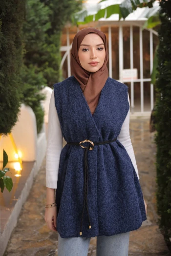 Lacivert Bel Bağlamalı Kaşe Yelek