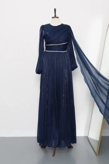 Lacivert Bel Büzgülü Taşlı Abiye