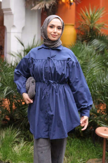 Lacivert Bel Lastikli Düğmeli Tunik