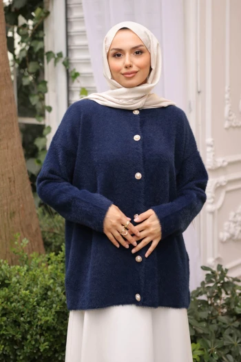 Lacivert Bisiklet Yaka Angora Yumoş Hırka