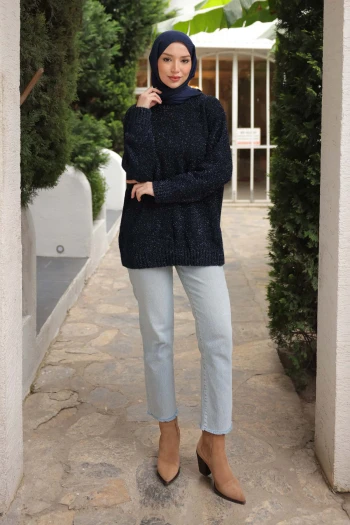 Lacivert Bisiklet Yaka Simli Triko Kazak