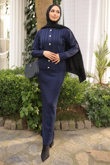 Lacivert Crop Hırka Triko Elbise İkili Kombin