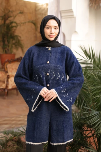 Lacivert Desenli Angora Yumoş Triko Hırka