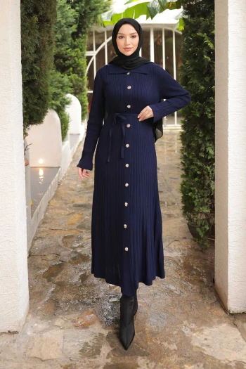 Lacivert Düğmeli Triko Elbise