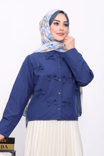 Lacivert Fiyonklu Ön Düğmeli Gömlek