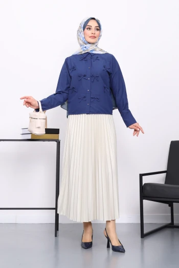 Lacivert Fiyonklu Ön Düğmeli Gömlek