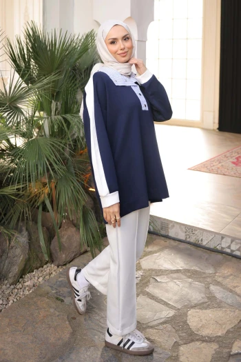 Lacivert Gömlek Garnili Yaka Çıtçıtlı Modal Sweat