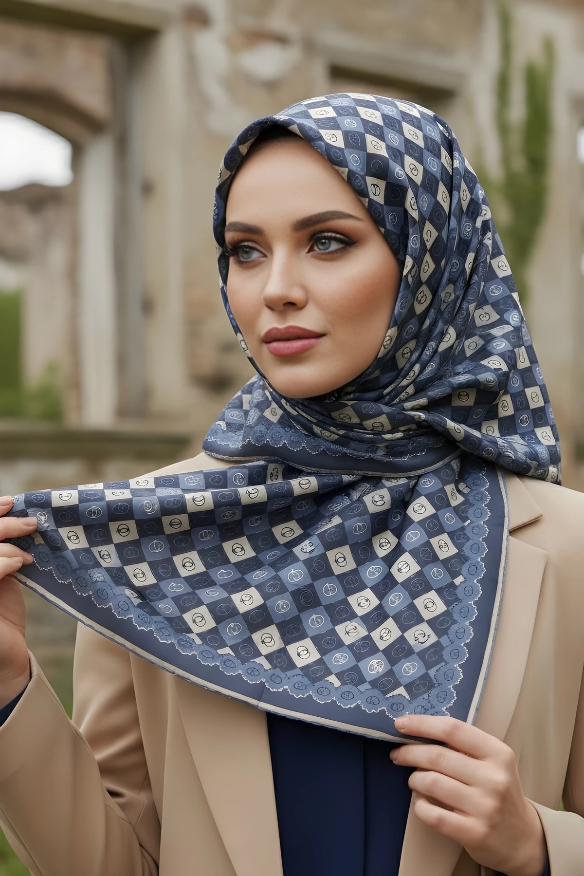 Lacivert İpekhan Soft Dijital Pamuklu Eşarp
