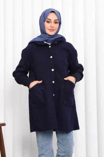 Lacivert Kapşonlu Buklet Kaban