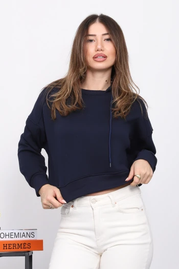 Lacivert Kapşonlu İçi Şardonlu Üç İplik Sweatshirt