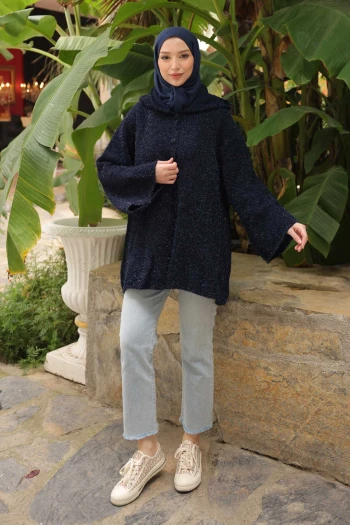 Lacivert Kapüşonlu Düğmeli Simli Triko Hırka