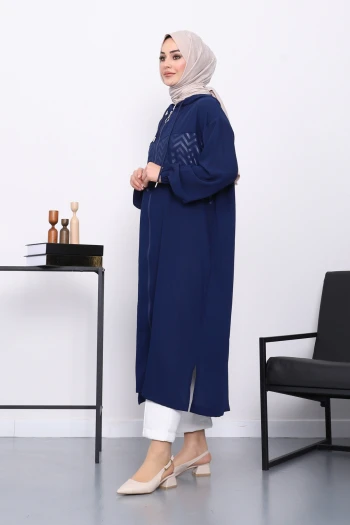 Lacivert Kapüşonlu Fermuarlı Kap