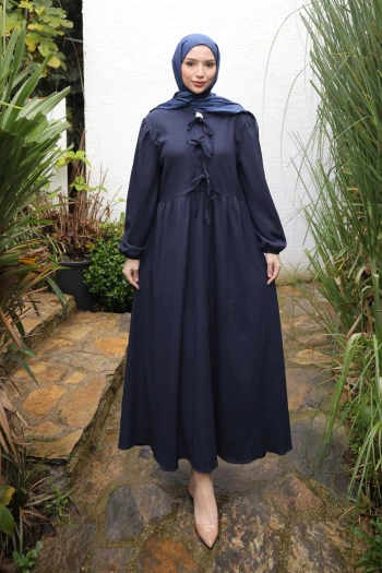 Lacivert Kol Lastikli Yaka Bağlamalı Bürümcük Elbise