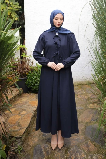 Lacivert Kol Lastikli Yaka Bağlamalı Bürümcük Elbise