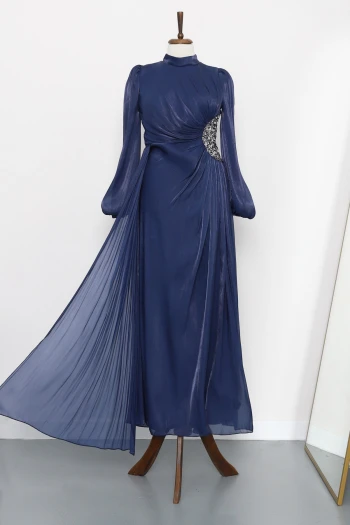 Lacivert Kolu Lastikli Taş Detaylı Abiye