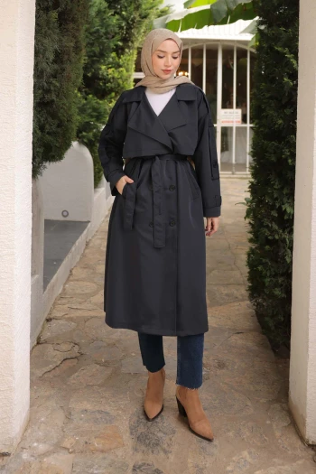 Lacivert Kruvaze Yaka Astarlı Trençkot