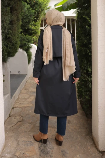 Lacivert Kruvaze Yaka Astarlı Trençkot