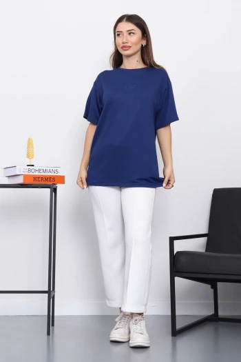 Lacivert Nakışlı Kısa Kol Modal T-Shirt