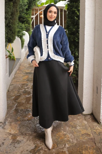 Lacivert Piliseli Taş Detaylı Angora Yumoş Triko Hırka