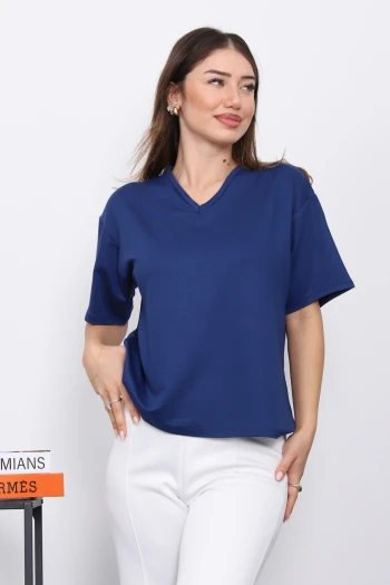 Lacivert V Yaka Kısa Kol T-Shirt