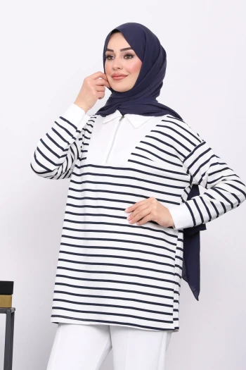 Lacivert Yaka Fermuarlı Çizgili İki İplik Sweatshirt