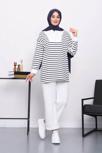 Lacivert Yaka Fermuarlı Çizgili İki İplik Sweatshirt