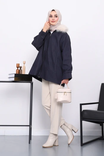 Lacivert Yaka Kürk Detaylı Kot Ceket