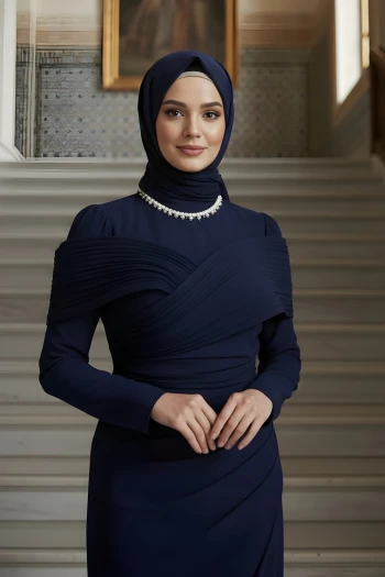 Lacivert Yakası Taş Detaylı Omuzu Kat Drapeli Abiye