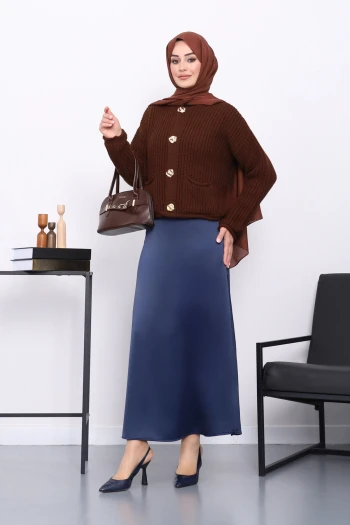 Lacivert Yan Fermuarlı Saten Kloş Etek