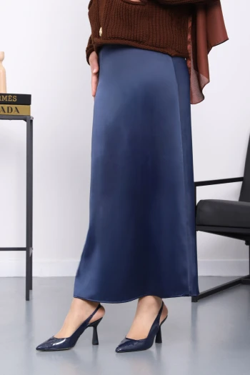 Lacivert Yan Fermuarlı Saten Kloş Etek